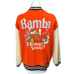 H&M Disney Bambi Flower Power Orange Button Up Varsity Letterman Bomber Jacket M